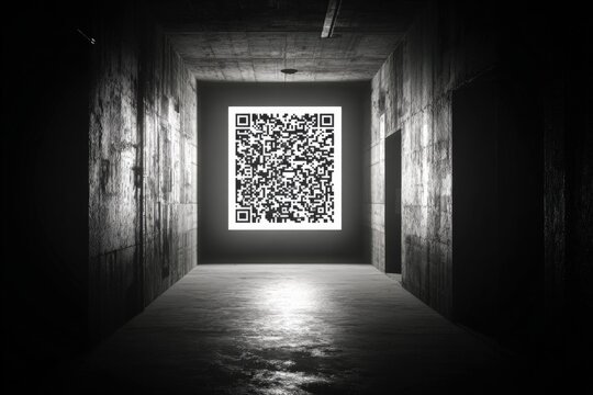 Long dark underground tunnel leading to a bright wall with a large black and white QR code in the center with stark shadows and dramatic lighting