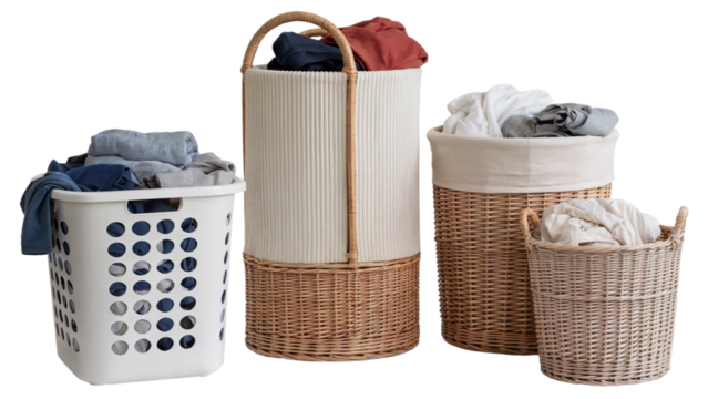 Laundry baskets and hampers for organizing clothes and home organization png isolated on white background