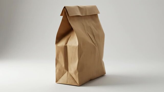 A slightly crumpled, light-brown paper bag stands upright on a white surface, its top folded over