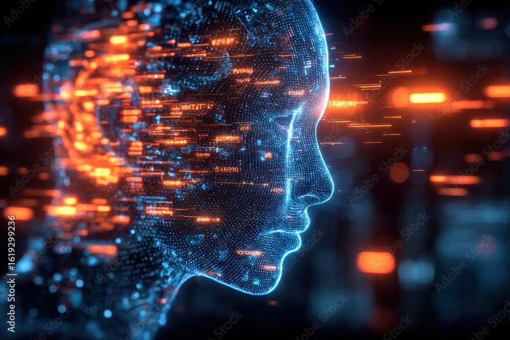 Poster futuristic digital human face profile with glowing light effects and data streams illustrating artif