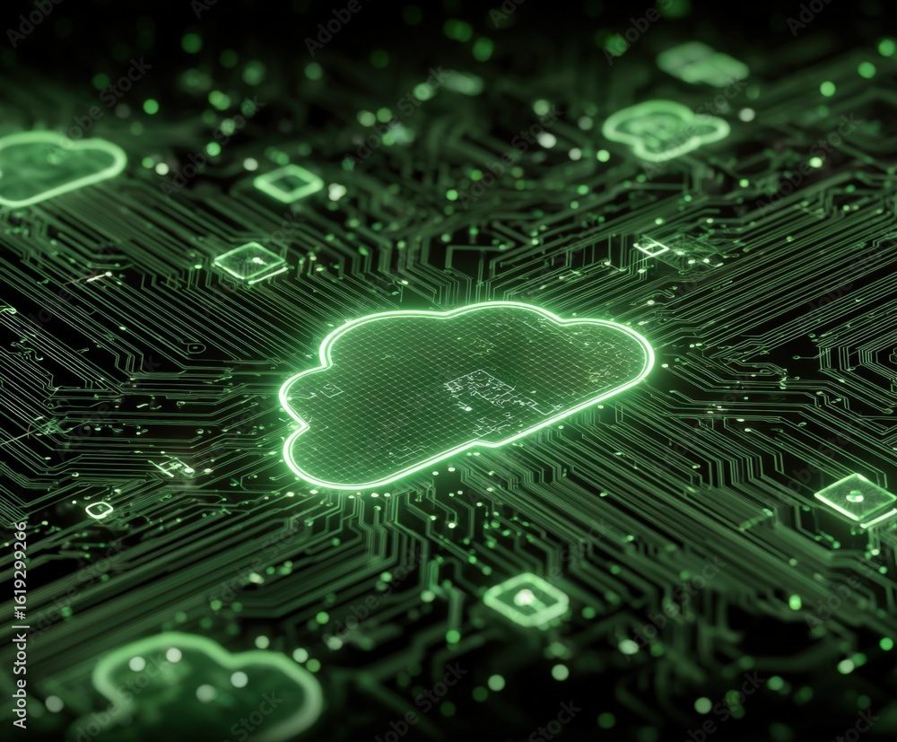 Poster futuristic digital cloud computing concept with neon green glowing cloud icons connected by circuitr