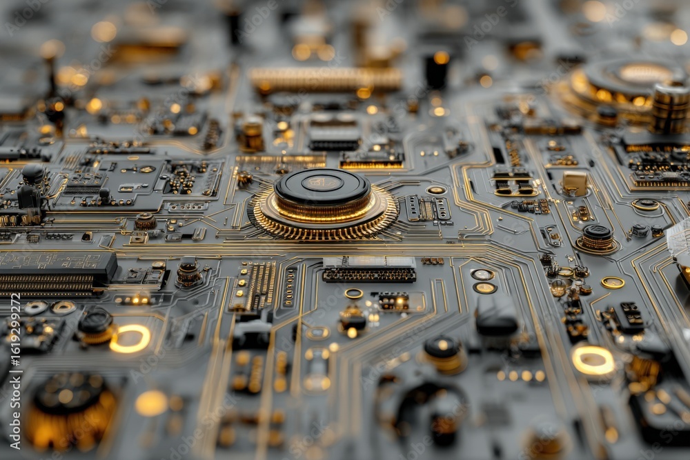 Poster close-up of a detailed electronic circuit board with integrated components and golden tracing lines 