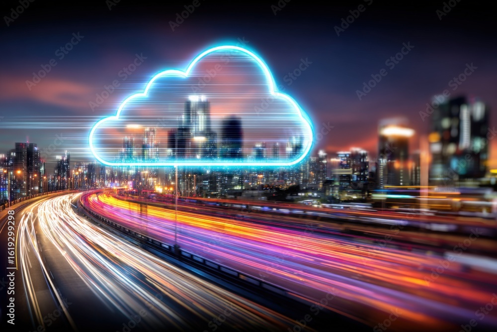 Poster futuristic cityscape at night with illuminated skyscrapers and dynamic light trails under a glowing 