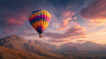 Fototapeta premium Colorful hot air balloon soa over mountain landscape du vibrant sunset with dramatic sky and scenic terrain under twilight lighting