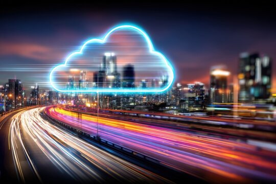 futuristic cityscape at night with illuminated skyscrapers and dynamic light trails under a glowing cloud-shaped digital data icon representing cloud computing - Powered by Adobe