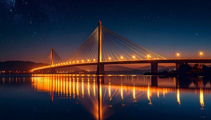 Majestic cable-stayed bridge illuminated against a twilight sky with twinkling stars and water