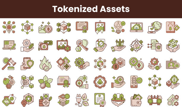 A vibrant collection of icons symbolizing tokenized assets, featuring various themes like finance, technology, and sustainability in earthy tones.