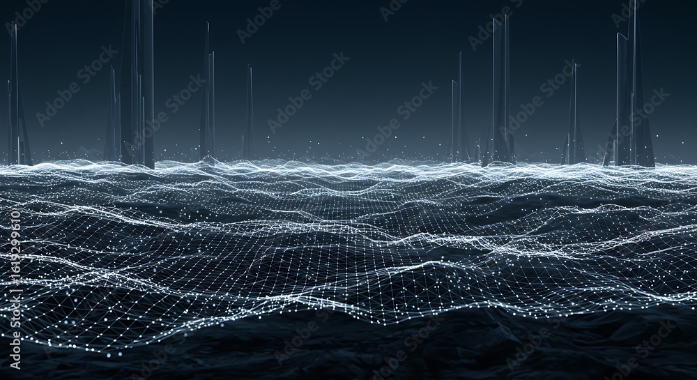 Poster abstract digital landscape with glowing nodes forming undulating waves and tall, thin structures.