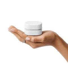 White ring box on hand palm isolated on a transparent background jewelry