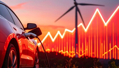 Electric car charging at sunset with declining graph