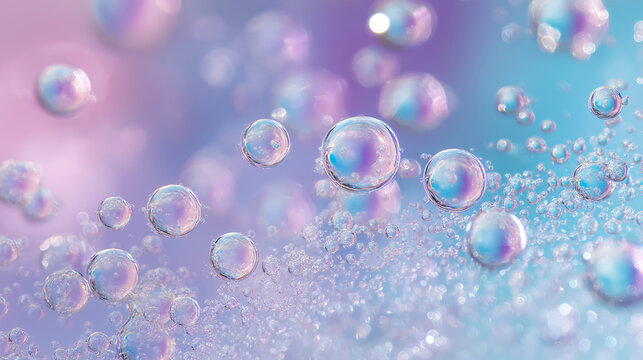 Whimsical cluster of floating soap bubbles with iridescent reflections in a pastel pink and blue gradient background