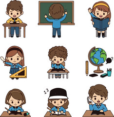 Cartoon Students in Classroom Set: Education and Learning