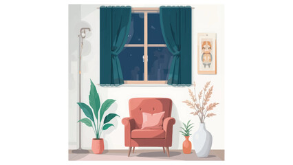 Cozy Living Room Interior with Night Window View