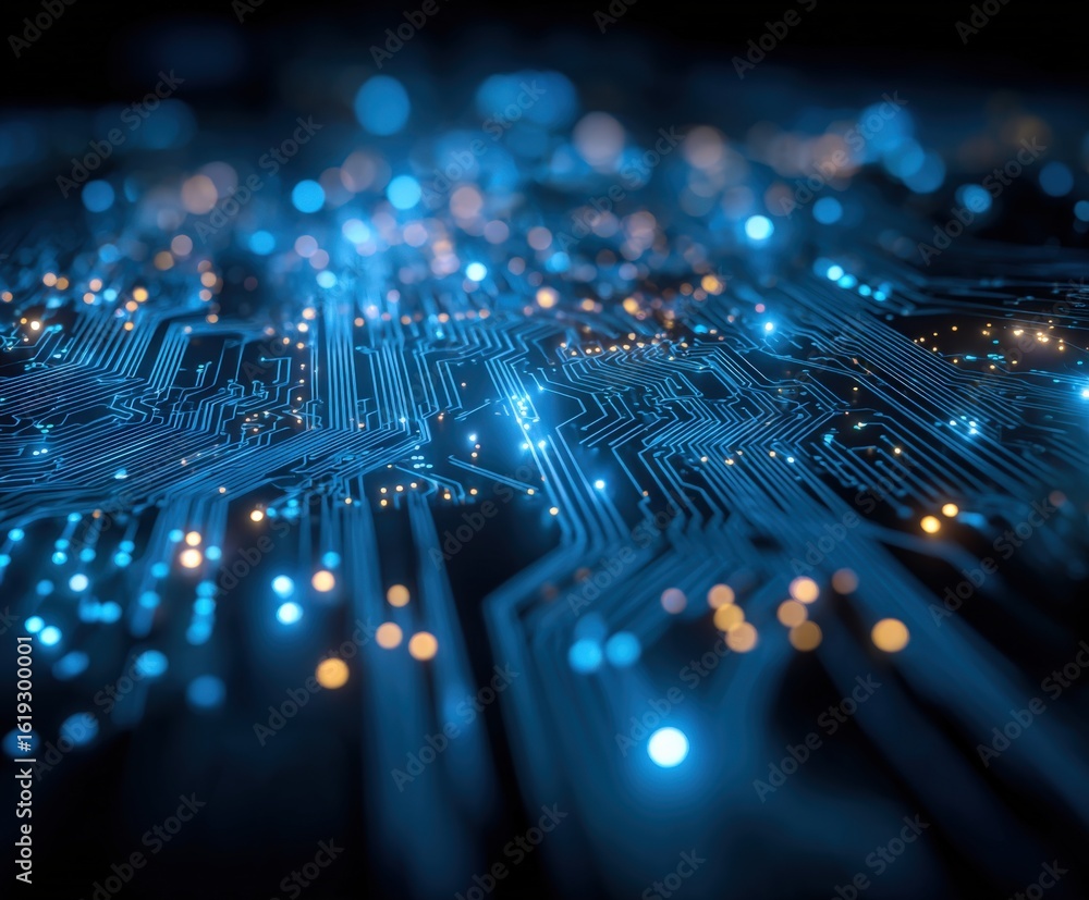 Poster hightech digital circuit board close up with blue lighting and connectivity elements showing advance