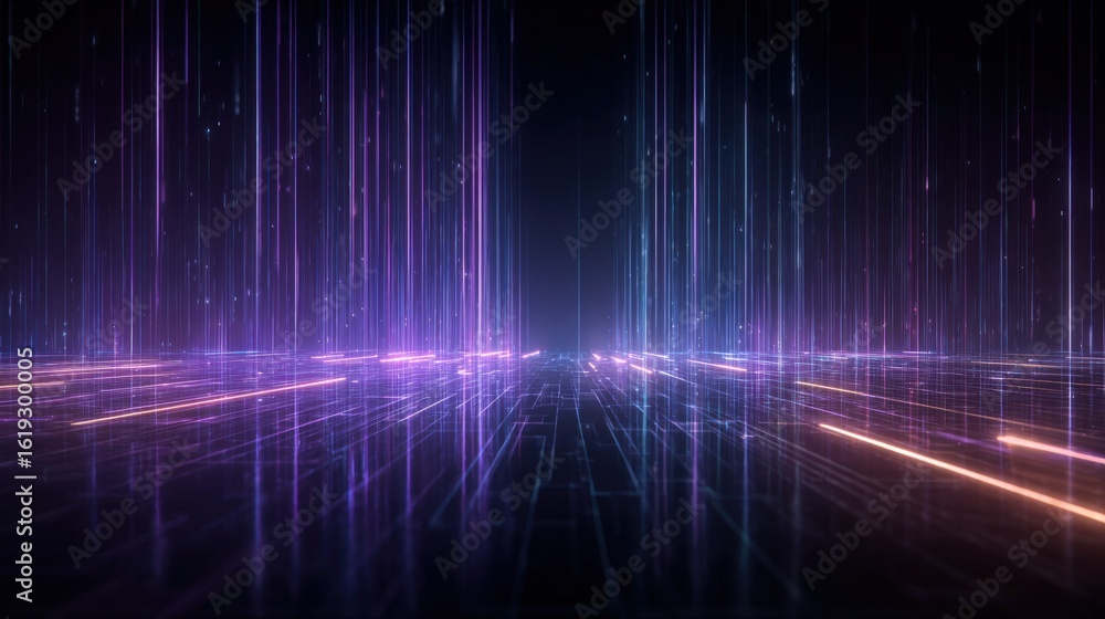 Poster futuristic digital light particles streaming vertical light streaks in space with glowing grid floor