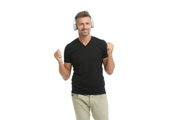 Fototapeta premium Man listen music in audio headphones isolated on white. Modern man lifestyle. Music style. Listen audio book headphones. Millennial style man generation. Lifestyle and music. Audio book