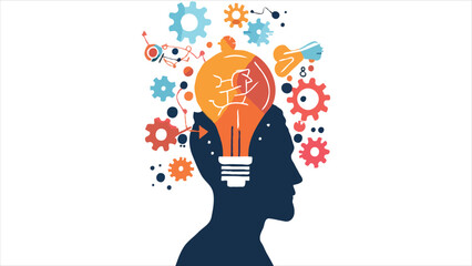 Creative Mindset Visualization Brainstorming Innovation Concept with Gears Inside Head Silhouette Representing Mental Processes and Problem Solving