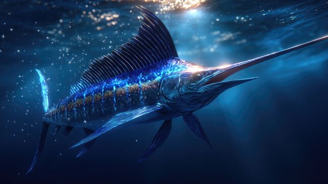 Striking image of a majestic marlin in deep blue water.