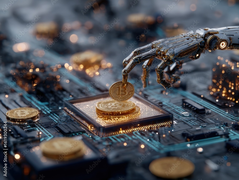Aufkleber advanced robotic hand mining digital cryptocurrency coins from high-tech circuit board with futurist