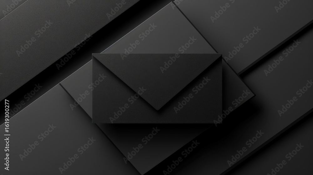Aufkleber close-up of black envelope with matching black paper sheets on a dark background for elegant and min