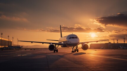 Fototapeta premium Wide angle view of a commercial passenger airplane landing on runway du sunset sky with clouds and airport infrastructure in background