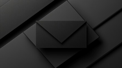 Close-up of black envelope with matching black paper sheets on a dark background for elegant and minimalist postal stationery design