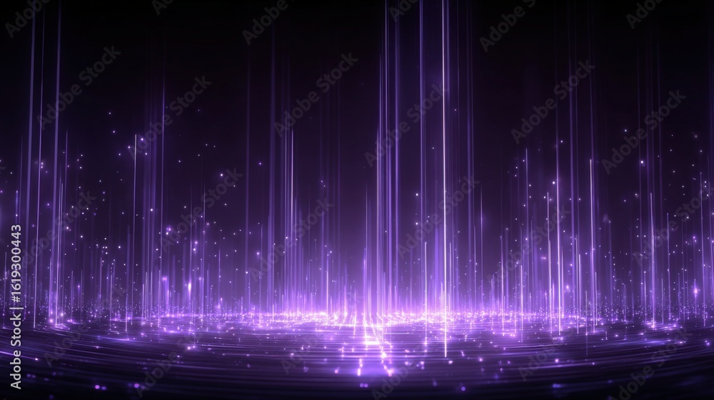 Poster vibrant abstract digital light beams and sparkles in purple and violet colors creating a futuristic 