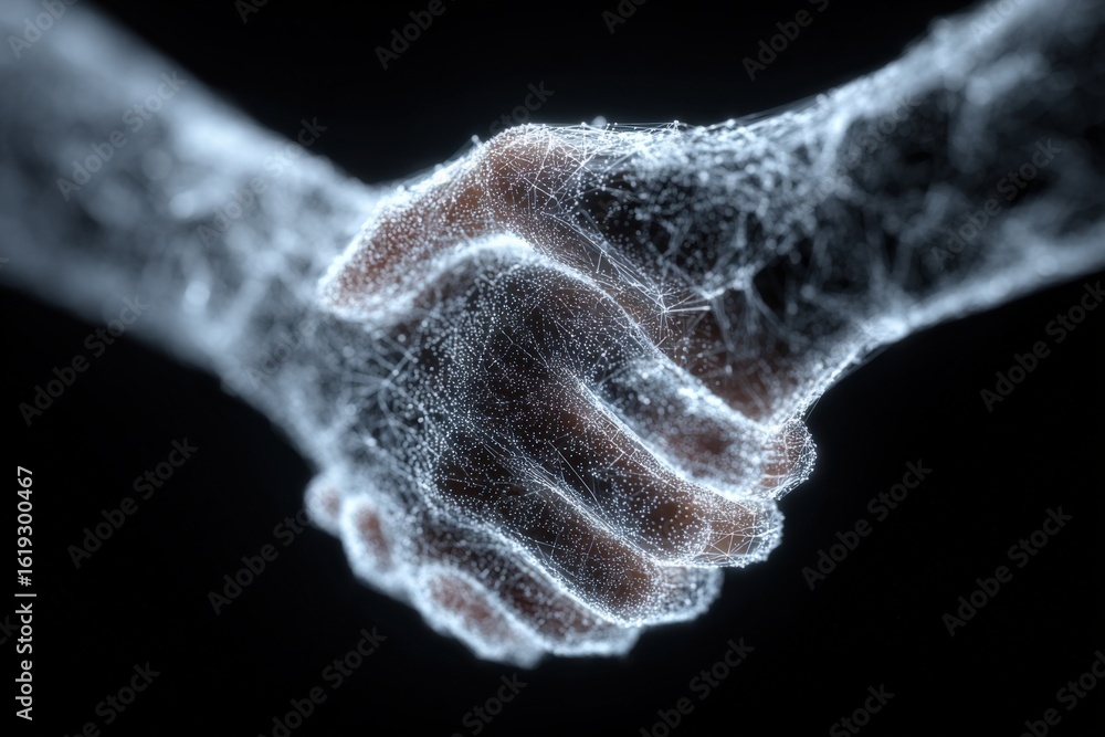 Poster digital glowing handshake representation of connection technology and collaboration in a futuristic 