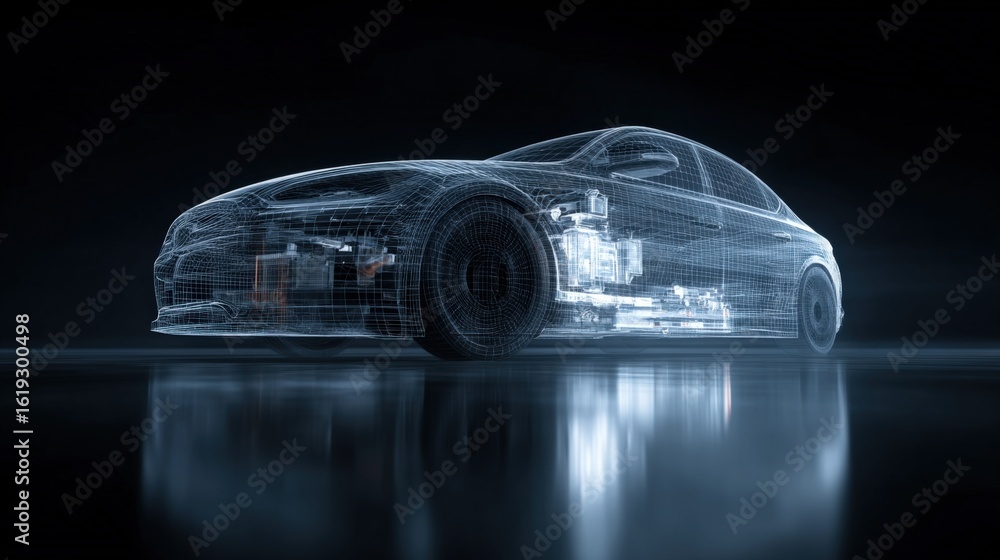 Poster futuristic transparent digital wireframe car model in a sleek aerodynamic design with advanced techn