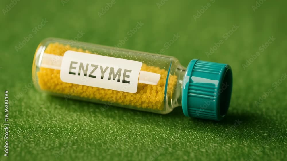 Poster enzyme vial with yellow granules on green surface representing bio innovation engineering science co