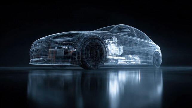 Futuristic transparent digital wireframe car model in a sleek aerodynamic design with advanced technology features on a reflective surface - Powered by Adobe