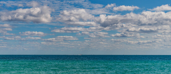 Sunset seascape at summer vacation. Horizon with sea cloudy sky. Calm horizon at sea. Romantic...