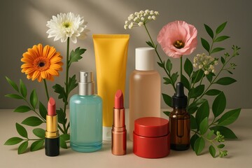 Vibrant cosmetic collection with fresh botanical elements in contemporary studio setting