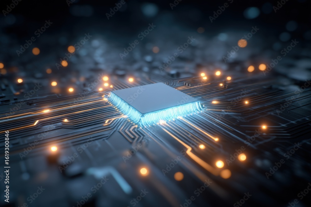 Poster close-up of a futuristic computer microchip with glowing circuits on a digital circuit board, illumi
