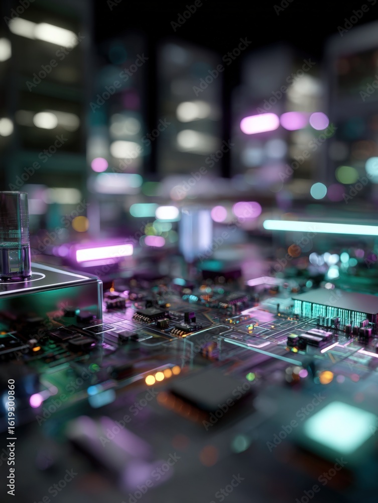 Poster close-up of a futuristic computer circuit board with glowing neon lights and electronic components i