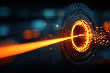 Futuristic high-tech digital abstract illustration with glowing holographic center and dynamic light effects on dark background