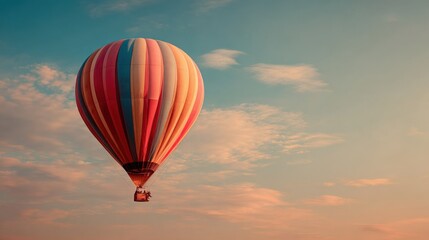 Fototapeta premium Hot Air Balloon Floating Over Clouds Du Sunset with Colorful Stripes and Calm Sky for Scenic Adventure and Travel Illustration