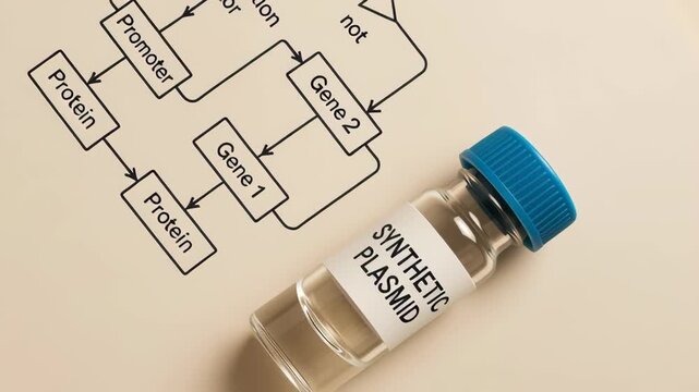 Synthetic plasmid vial illustrating gene transcription and protein production with promoter molecular bioengineering innovation and genetic research