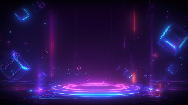 Futuristic neon glowing holographic digital stage with vibrant light effects and geometric shapes in a dark technology-inspired environment - Powered by Adobe