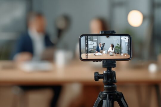 Professional business meeting recording with a smartphone camera captu a diverse group of colleagues discussing new project ideas in a modern office environment