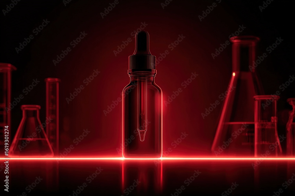 Poster close-up of glass laboratory dropper bottle with pipette and various flask containers illuminated by