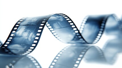 Close-up of a Curled Film Strip with Reflective Surface and Blue Tint, Artistic Cinematic Background for Movie and Video Production Themes