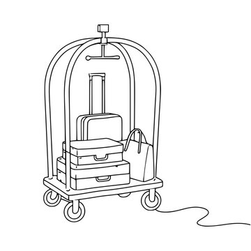 recommend clip art: Isolated line art of a hotel bellhop cart with luggage