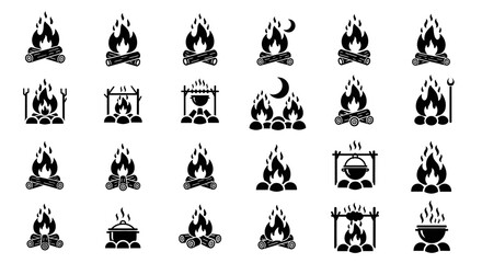 A collection of illustrated campfire icons in black and white, depicting various styles and arrangements, ideal for outdoor activities, camping, and travel-related designs and projects.