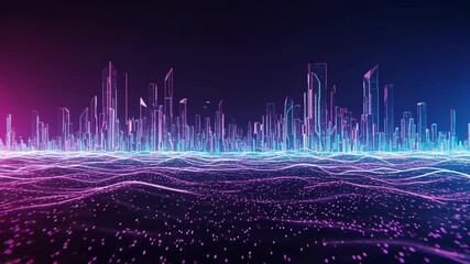 Vibrant Digital Cityscape Illustration with Neon Lights and Abstract Particle Waves at Night - Powered by Adobe