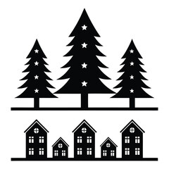 Fototapeta premium Black silhouette Christmas trees and houses with white stars