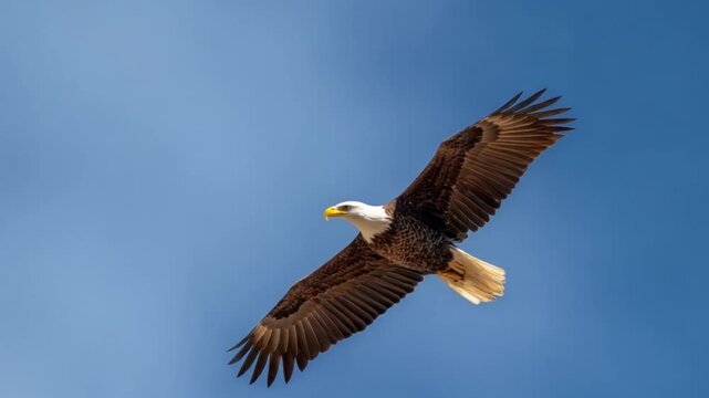 Majestic bald eagle soars against a clear, vibrant blue sky with outstretched wings