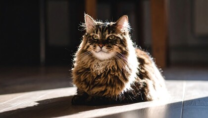 Majestic Maine Coon basking in sunlight, showcasing its fluffy fur and striking eyes