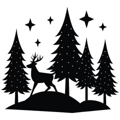 Naklejka premium Black silhouette of a deer and pine trees under a starry sky