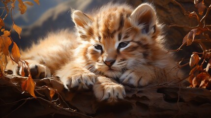 A charming bobcat cub takes a peaceful nap on a tree branch in the autumn sunlight.